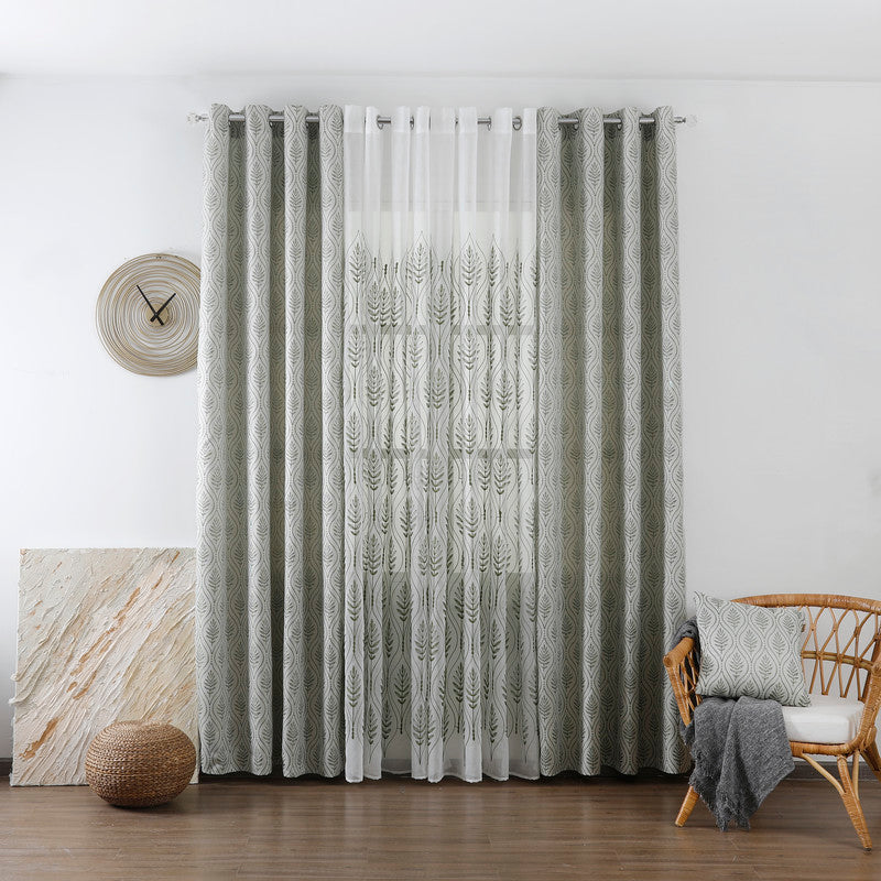 Cortina Jacquard com Bordado de Folhas Elegantes Verde 140*260CM-Individual- BOD HOME