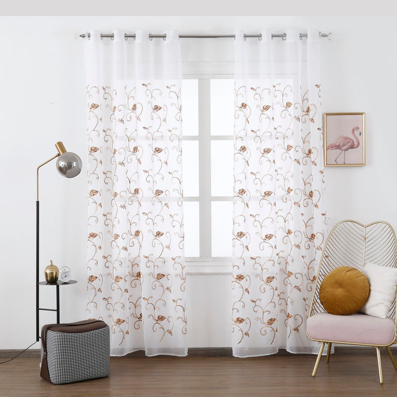 Cortina Transparente Bordada Com Folhas Castanhas - Individual- BOD HOME