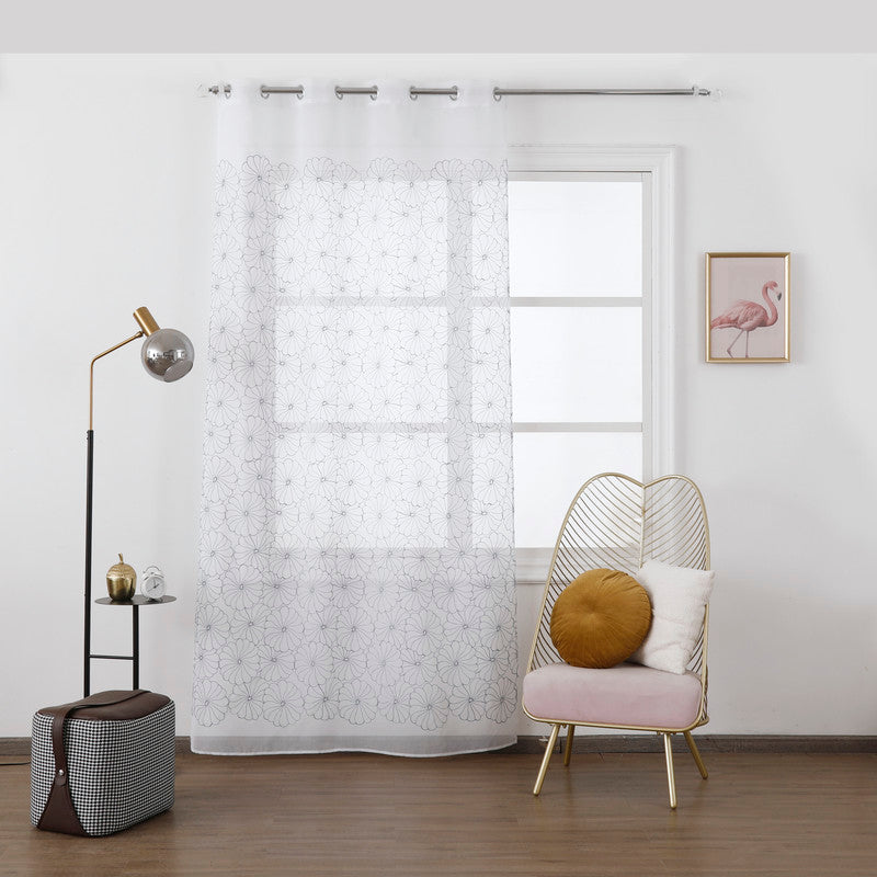 Cortina Transparente Bordada Com Flores Silvas - Individual- BOD HOME