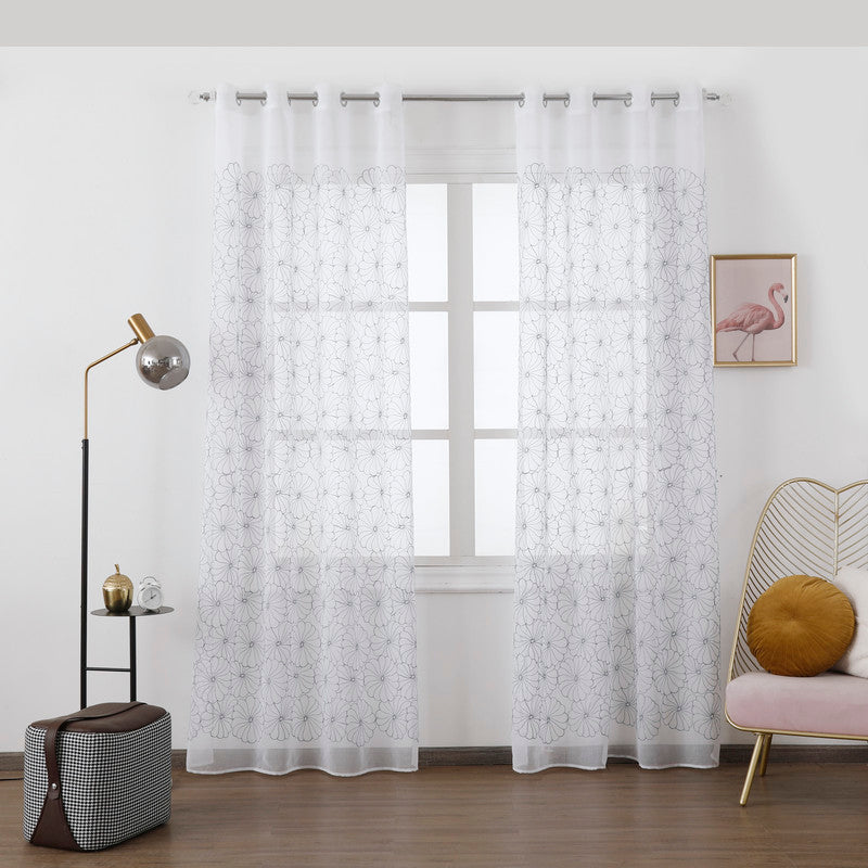 Cortina Transparente Bordada Com Flores Silvas - Individual- BOD HOME