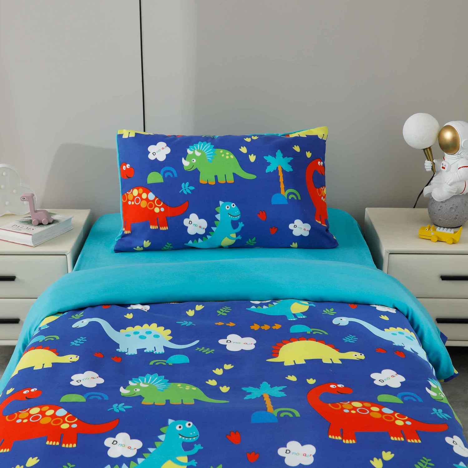 CAPA DE EDREDÃO ESTAMPADOS PARA CRIANÇA DINOSSAUROS EM AZUL (CAMA 90/100)-BOD HOME - BOD HOME