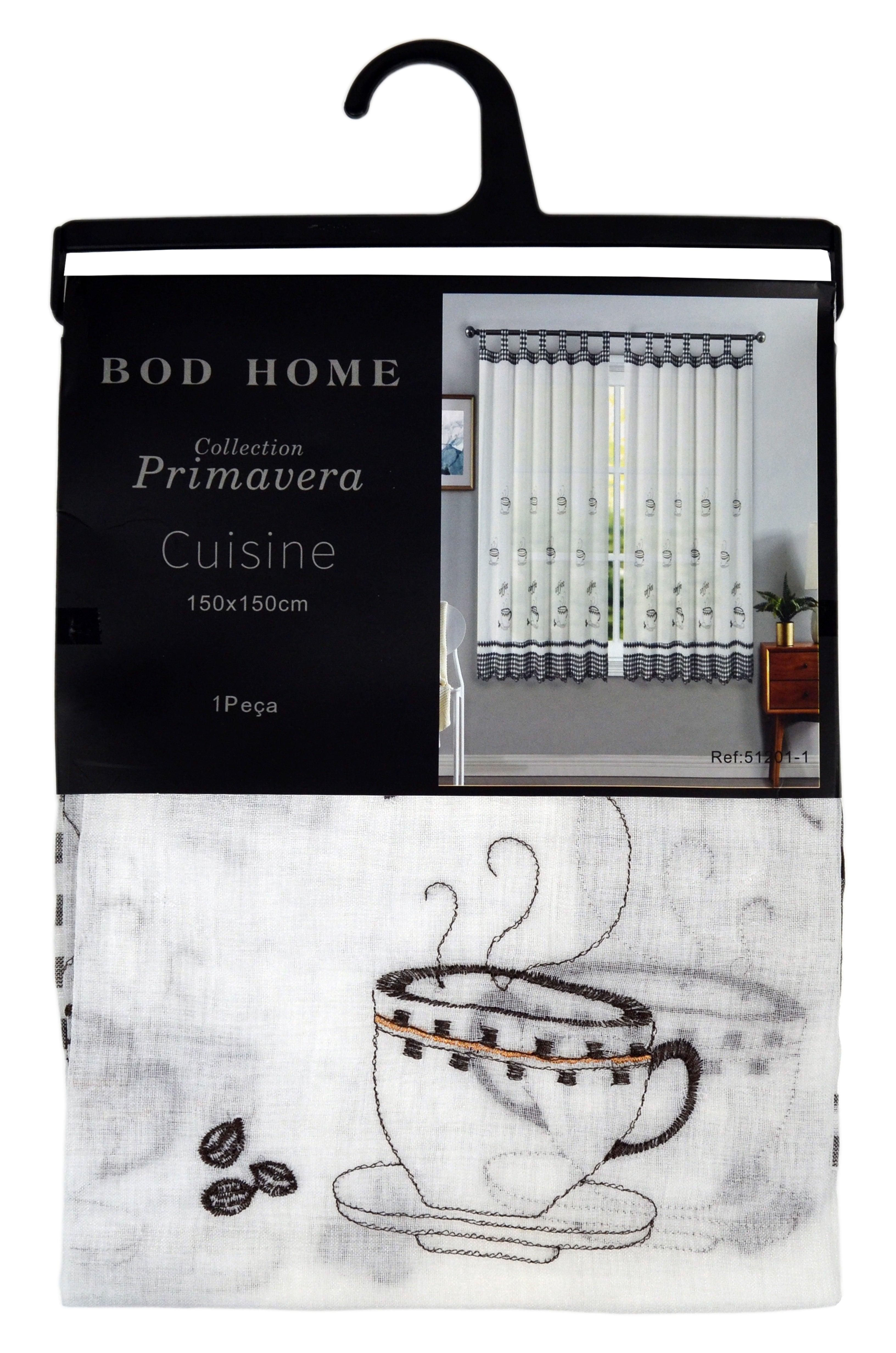 Cortinas De Cozinha Com Estampa Bordada Preto - BOD HOME