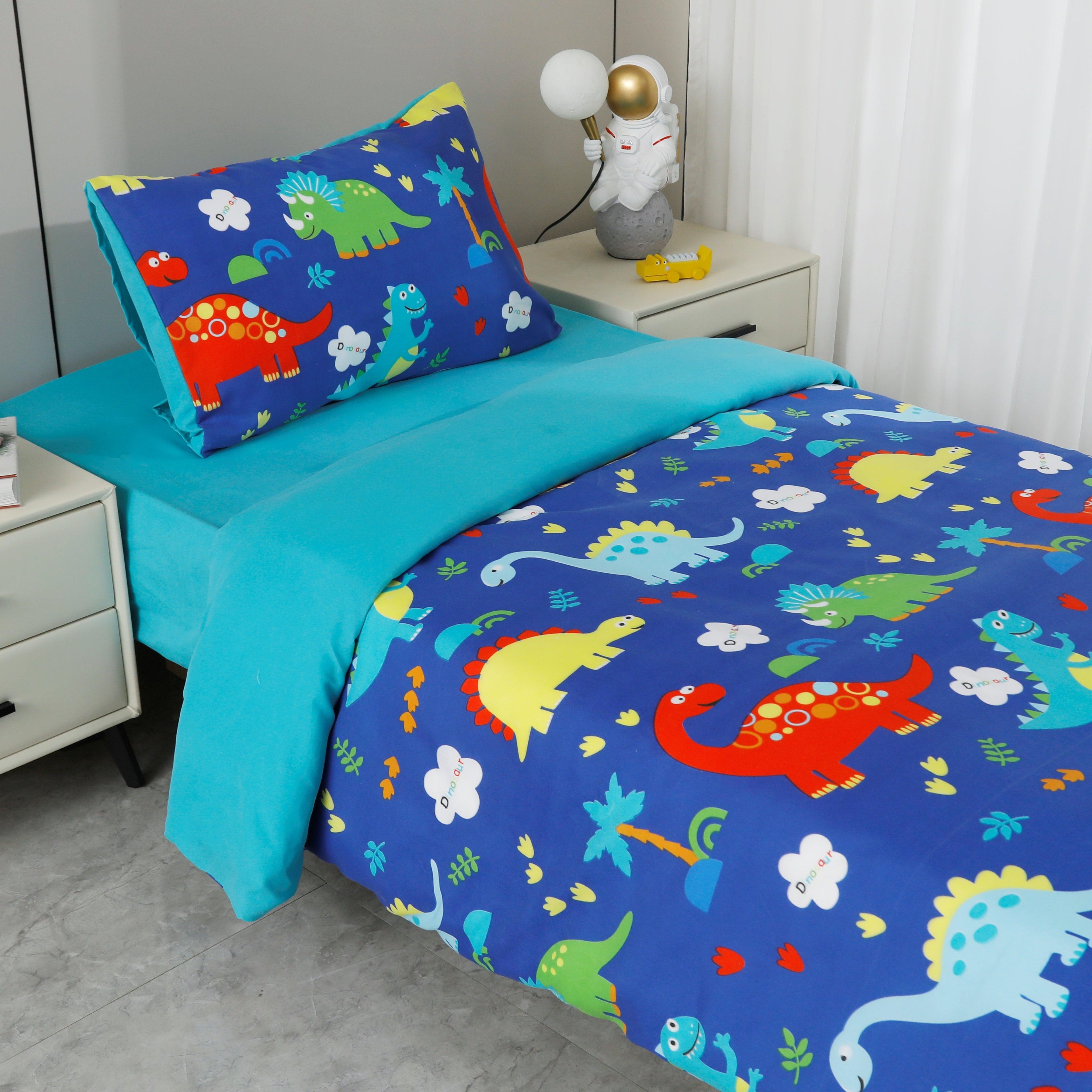 CONJUNTO DE LENÇÓIS ESTAMPADOS PARA CRIANÇA DINOSSAUROS EM AZUL (CAMA 90/100) - BOD HOME