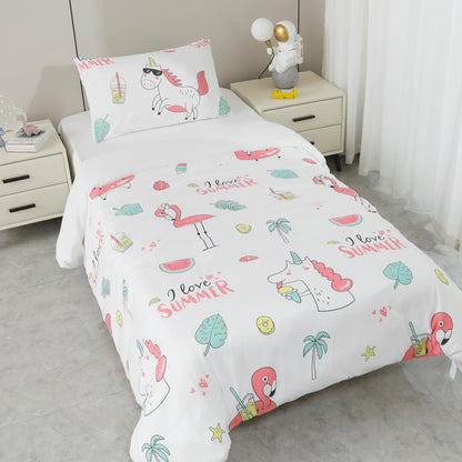 CONJUNTO DE LENÇÓIS ESTAMPADOS PARA CRIANÇA FLAMINGOS EM BRANCO (CAMA 90/100) - BOD HOME